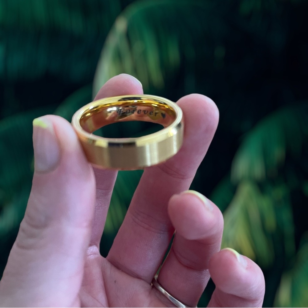 Men’s wedding band, tungsten ring yellow gold 18K plated engraved “Forever ❤️”